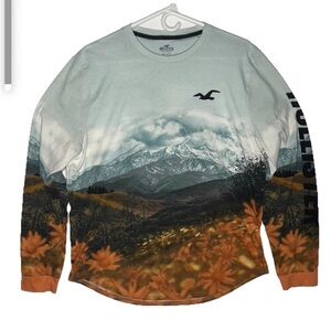 Hollister Orange and White Long Sleeve Tee with Landscape Print Mens xl